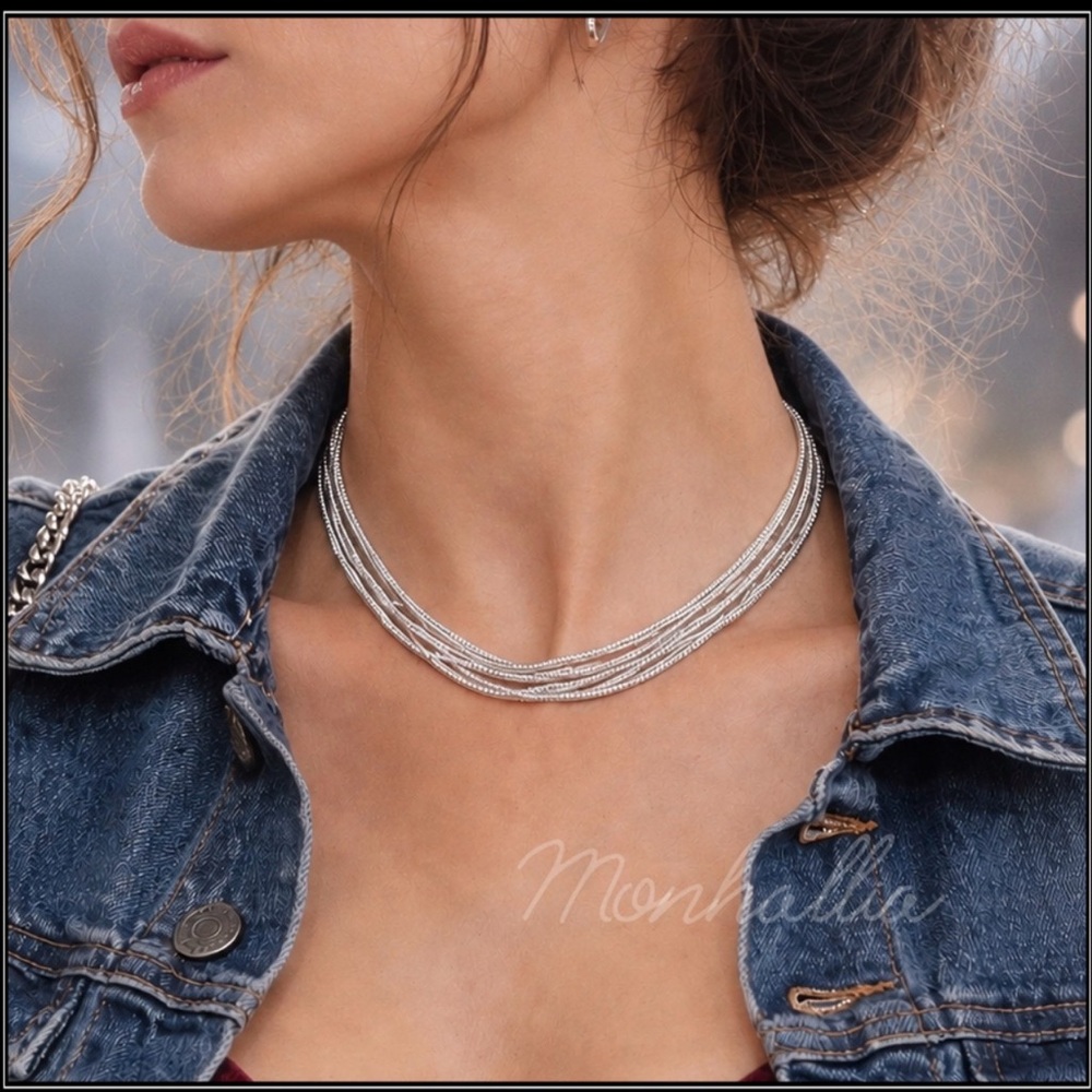New Multi-Strand Silver Steel Chain Necklace 16”